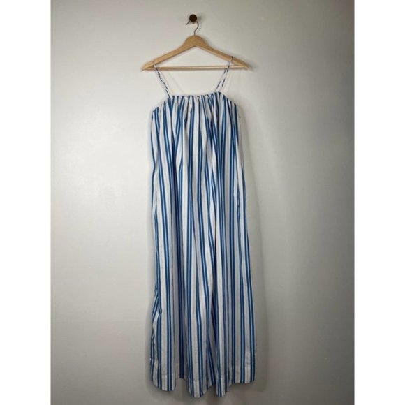 Ganni Striped Organic Cotton Spaghetti Strap Maxi Dress Blue White Size: 2 NWOT - Picture 2 of 11